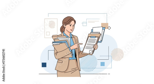 Businesswoman reviewing documents in office, simple vector illustration for business concept