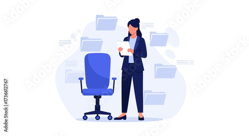 Businesswoman reviewing documents with office chair and folders vector illustration