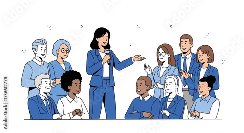 Businesswoman giving a speech to a group of people representing a successful team