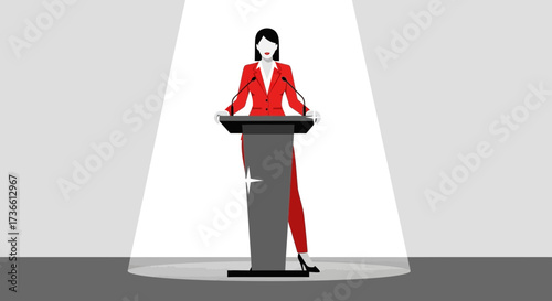 Businesswoman Giving Speech At Podium Under Spotlight In Flat Vector Illustration