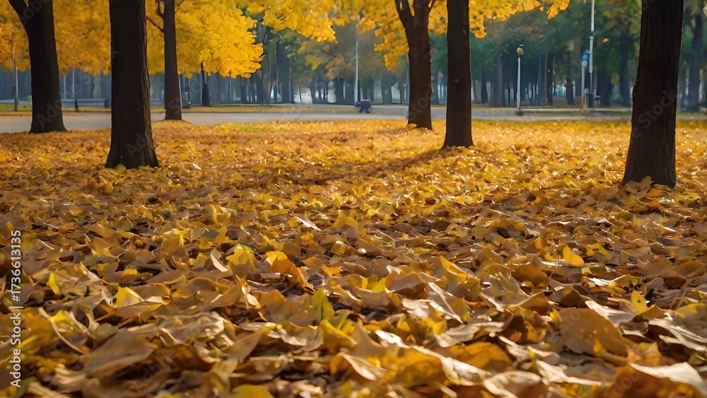 Obraz premium Golden autumn park with fallen leaves covering the ground