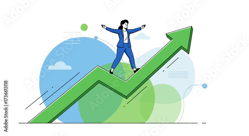 Businesswoman Standing on a Green Arrow, Illustrating Success and Professional Growth
