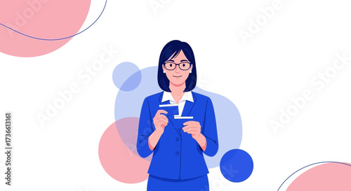 Businesswoman Holding Business Cards with Abstract Background and Geometric shapes