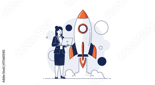 Businesswoman Supervising Rocket Launch: A Vision Of Corporate Growth And Innovation