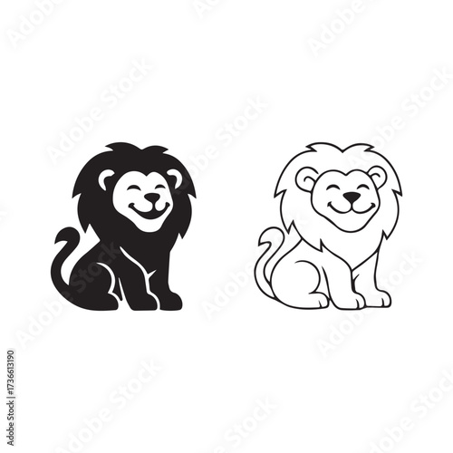 Adorable cute baby lion cub black silhouette design icon, outline solid animal funny logotype symbol