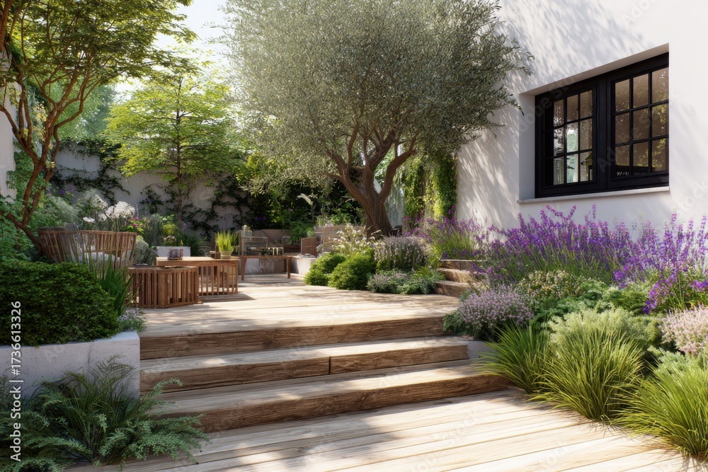 Obraz premium A stunning garden patio features elegant wooden decking, enveloped by vibrant greenery and blooming lavender plants, all basking in bright daylight