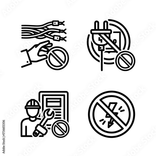 Set of four icons representing electrical safety and warnings, including unplugging devices, electrical hazards, and worker safety.