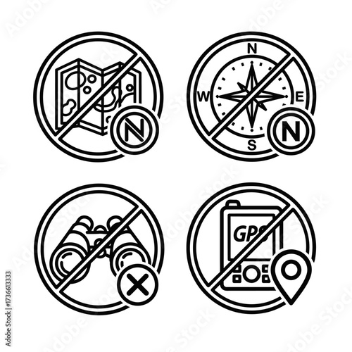 Prohibited items: map, compass, binoculars, and GPS device, all crossed out with a circle and a slash.