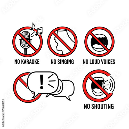 A set of prohibition signs indicating rules for quietness, including no karaoke, singing, loud voices, and shouting.