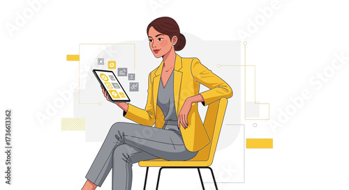 Businesswoman Using Digital Tablet Showing Business Applications, Modern Technology Illustrated
