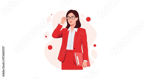 Businesswoman in a red suit standing and holding a book illustration vector