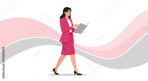 Businesswoman Walking and Reading a File with a Pink Suit, Vector Illustration