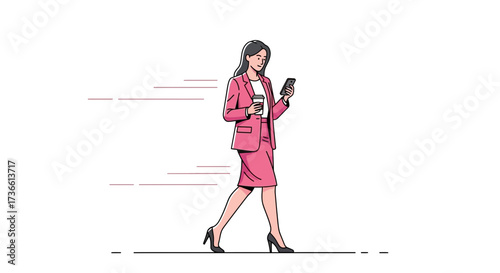 Businesswoman in pink suit walking while looking at her phone and holding coffee cup