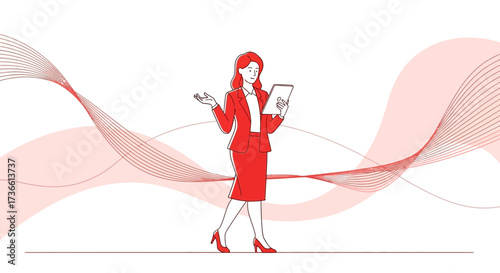 Businesswoman in red suit holding a tablet with abstract wave background