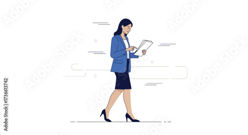 Businesswoman walks while reading documents in a minimalist-style corporate illustration