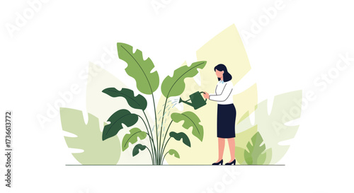 Businesswoman watering a plant, vector illustration depicting growth and nurture simple design