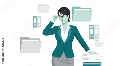 Businesswoman with glasses and documents, paperwork and office organization illustration