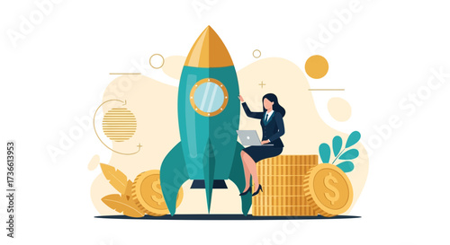 Businesswoman Initiates Launch, Representing Financial Growth and Startup Ventures