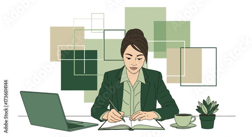 Businesswoman working at her desk taking notes with laptop coffee and a houseplant
