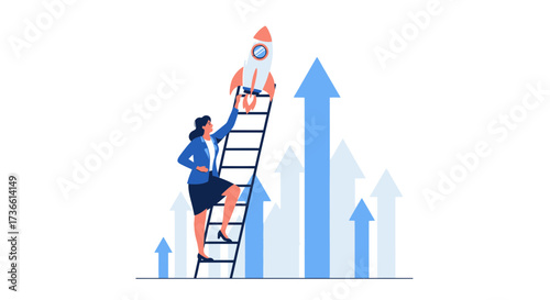 Businesswoman Launches Rocket to Reach Business Goals And Climb Up the ladder of success