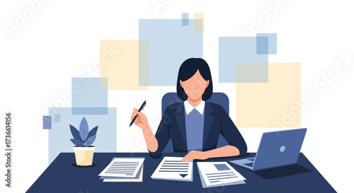 Businesswoman working at her desk with laptop and paperwork in office environment setting