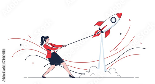 Businesswoman Launches Rocket: Concept Of Starting New Ventures and Overcoming Challenges