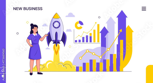 Businesswoman Launches Rocket with Charts, New Ventures, and Growth on a White Background