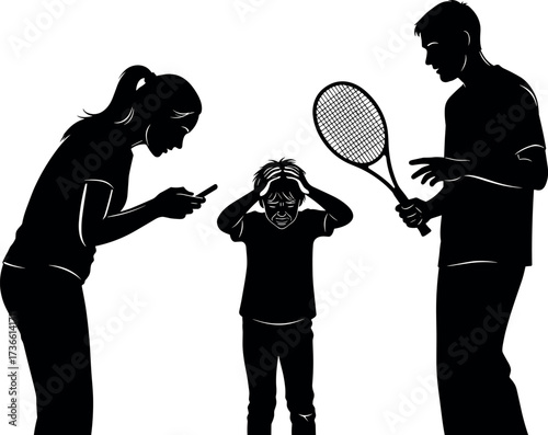 Silhouette of stressed child between strict parent and coach, concept of pressure, parenting conflict, sports stress, emotional development tension