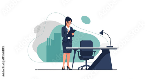 Businesswoman working in office vector illustration about business or corporate company