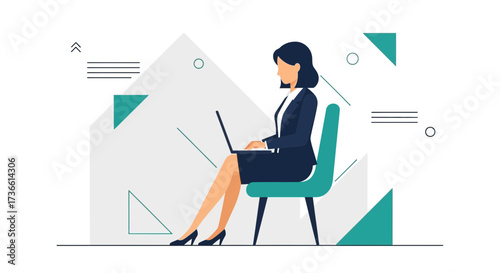 Businesswoman working on a laptop, vector illustration, modern flat style design