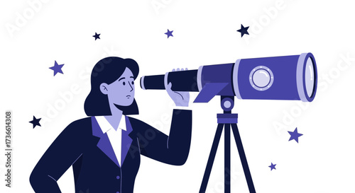 Businesswoman Looking Through Telescope Concept Representing Future Vision and Strategy