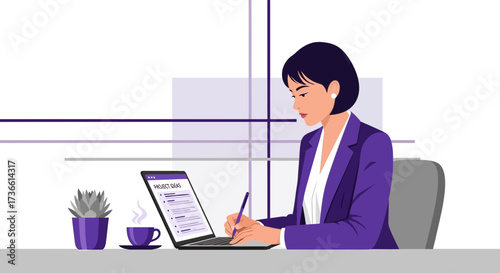 Businesswoman Working on a Laptop, Taking Notes and Developing Project Ideas for Business