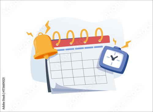Calendar with notification bell and alarm clock business vector illustration. Concept of reminders, deadlines, planning