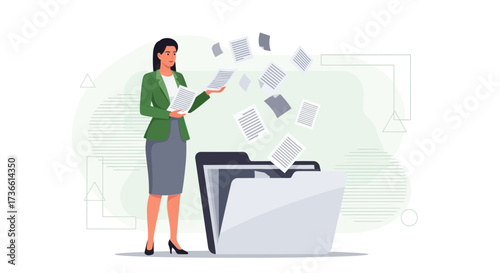 Businesswoman managing documents and workflow operations for company administration and data