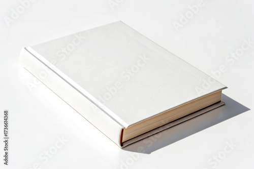 Single white hardcover book with tan pages on white surface