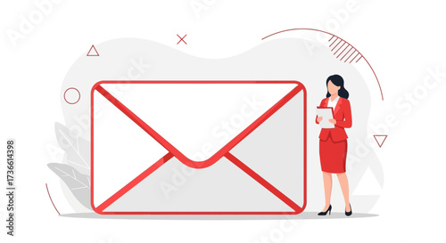Businesswoman next to a large envelope, concept of email communication and office work
