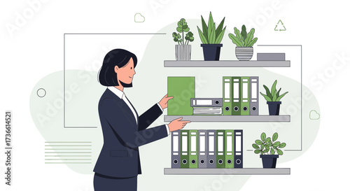 Businesswoman organizing documents and plants on a shelf in a modern office setting