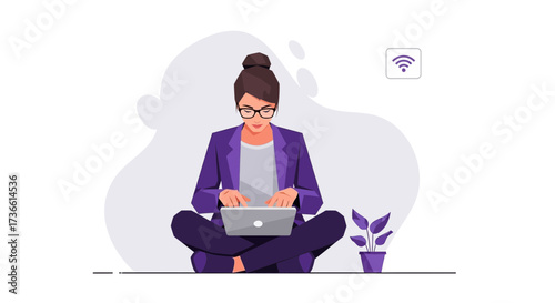 Businesswoman working on laptop while sitting, concept of wireless and remote work