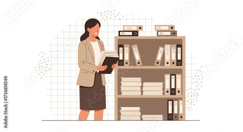 Businesswoman organizing documents near a bookshelf representing office work, paperwork or archives