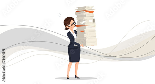 Businesswoman overloaded with paperwork and stressed carrying documents and office work