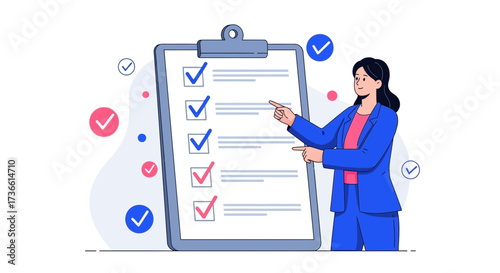 Businesswoman pointing at checklist on clipboard depicting task management or project planning done