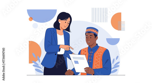Businesswoman pointing at document explaining something to an employee in traditional attire