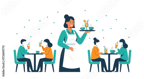 Cafe Scene Depicting Server Serving Drinks To Customers Enjoying Refreshments