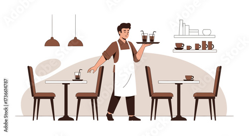 Cafe Waiter Balancing Drinks on Tray Amongst Cafe Furniture, Illustration Concept