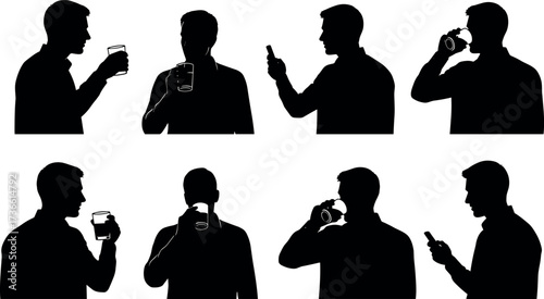 Silhouette people drinking and using smartphones, modern lifestyle habits, casual poses, social behavior, everyday actions, minimal vector illustration set