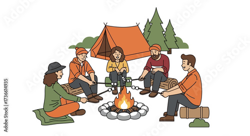 Camping and roasting marshmallows around a campfire illustration with friends in nature