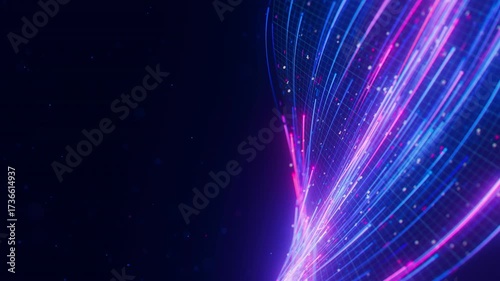 Closeup of Big data light speed warped flow. Abstract digital data stream of quantum computing. Cyberspace of qubit trail waves. Modern tech information transmission.