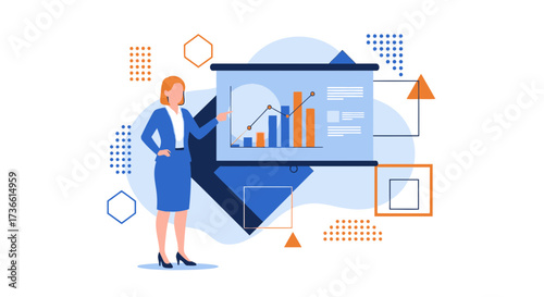 Businesswoman presenting a chart with financial data on a projection screen for analysis