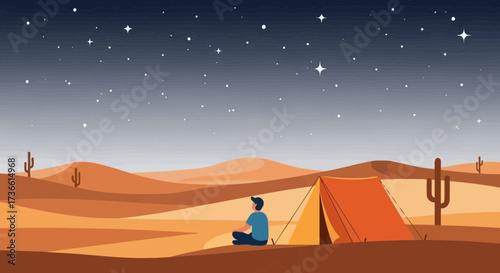 Camping under the stars in desert with person on the ground near tent at night