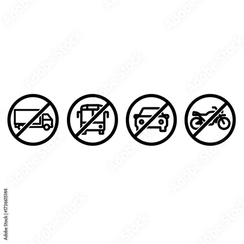 Four traffic prohibition signs showing a truck, bus, car, and motorcycle with a red circle and slash indicating they are not allowed.